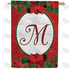 Red Poinsettia Monogram Double Sided House Flag