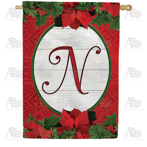 Red Poinsettia Monogram Double Sided House Flag