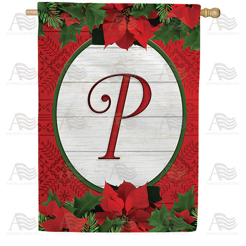 Red Poinsettia Monogram Double Sided House Flag