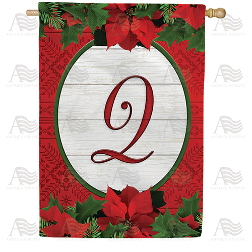 Red Poinsettia Monogram Double Sided House Flag