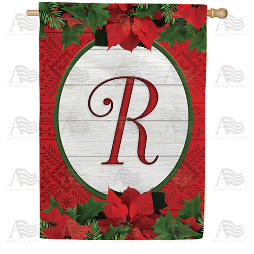 Red Poinsettia Monogram Double Sided House Flag