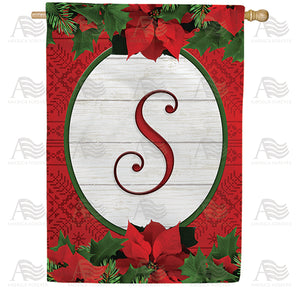 Red Poinsettia Monogram Double Sided House Flag