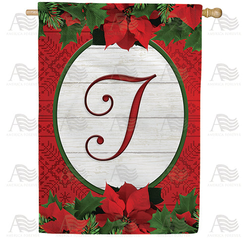 Red Poinsettia Monogram Double Sided House Flag