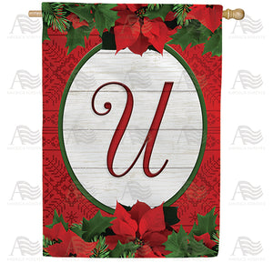 Red Poinsettia Monogram Double Sided House Flag