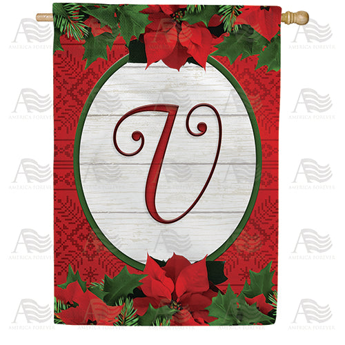 Red Poinsettia Monogram Double Sided House Flag