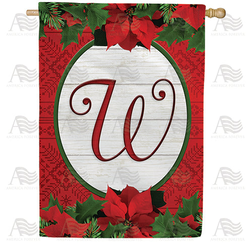 Red Poinsettia Monogram Double Sided House Flag