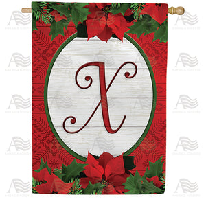 Red Poinsettia Monogram Double Sided House Flag