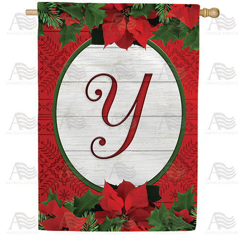 Red Poinsettia Monogram Double Sided House Flag
