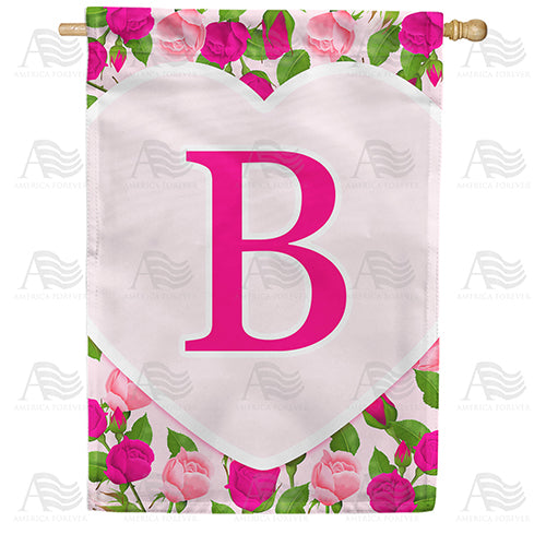 Pink Roses Monogram Double Sided House Flag