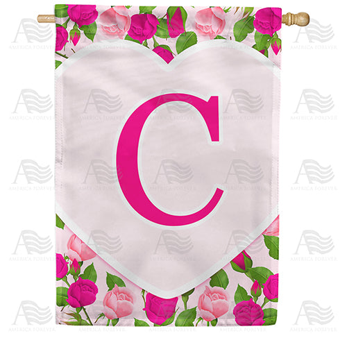 Pink Roses Monogram Double Sided House Flag