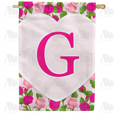 Pink Roses Monogram Double Sided House Flag