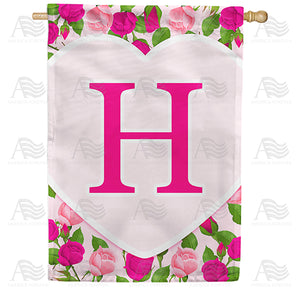 Pink Roses Monogram Double Sided House Flag