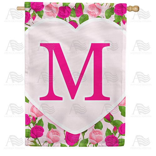 Pink Roses Monogram Double Sided House Flag
