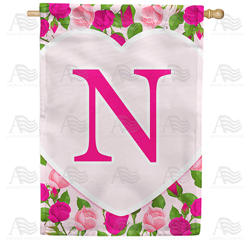 Pink Roses Monogram Double Sided House Flag