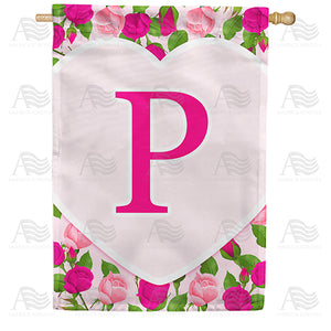Pink Roses Monogram Double Sided House Flag
