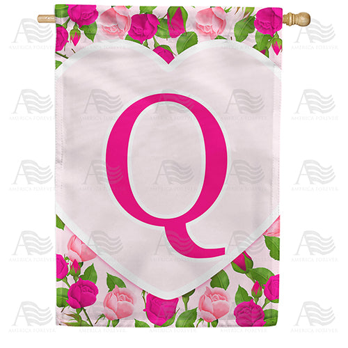 Pink Roses Monogram Double Sided House Flag