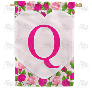 Pink Roses Monogram Double Sided House Flag