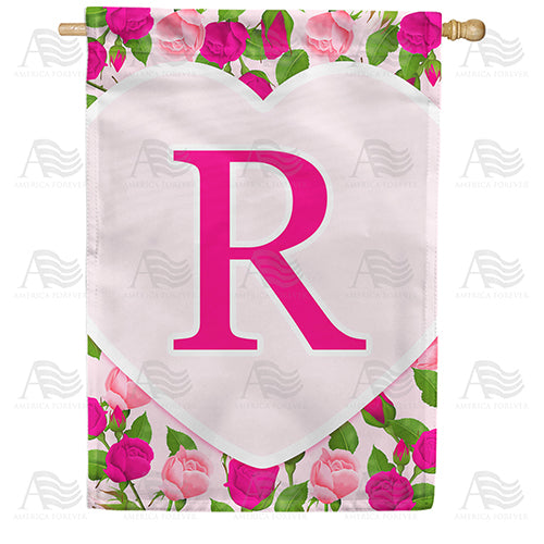 Pink Roses Monogram Double Sided House Flag