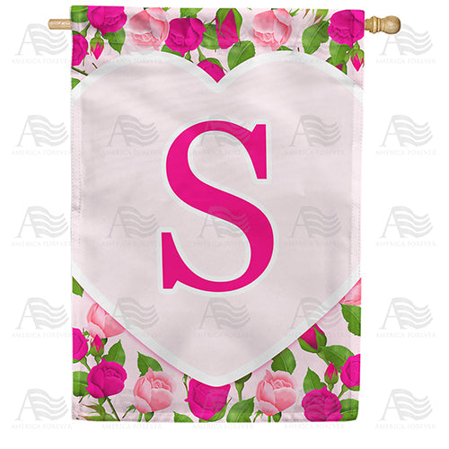 Pink Roses Monogram Double Sided House Flag