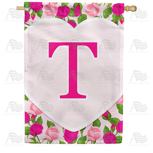 Pink Roses Monogram Double Sided House Flag