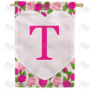 Pink Roses Monogram Double Sided House Flag