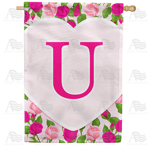 Pink Roses Monogram Double Sided House Flag