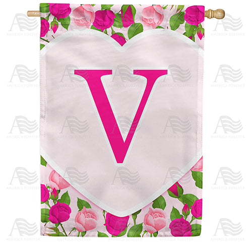 Pink Roses Monogram Double Sided House Flag