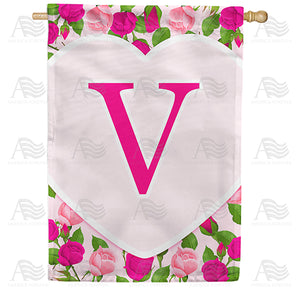 Pink Roses Monogram Double Sided House Flag