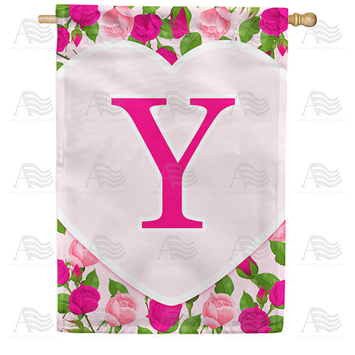 Pink Roses Monogram Double Sided House Flag