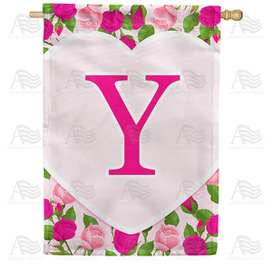 Pink Roses Monogram Double Sided House Flag