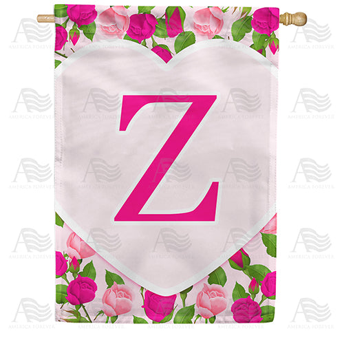 Pink Roses Monogram Double Sided House Flag