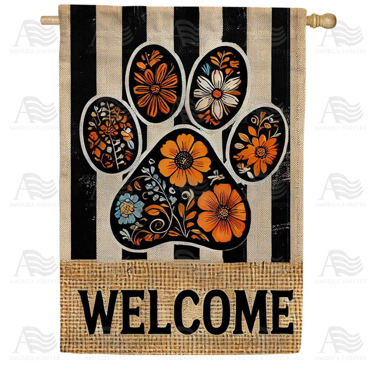 Floral Paw Print Welcome Double Sided House Flag