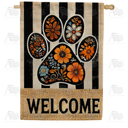 Floral Paw Print Welcome Double Sided House Flag