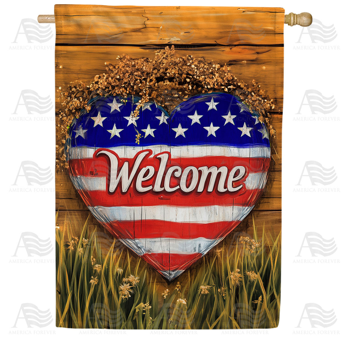 Patriotic Heart Welcome Double Sided House Flag