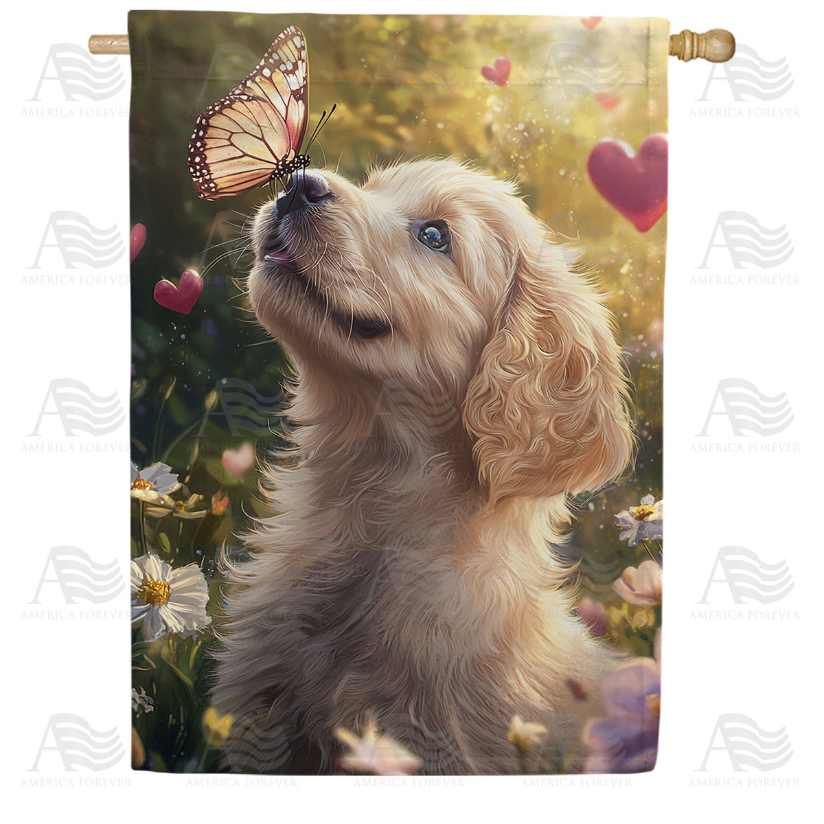 Golden Puppy Butterfly Love Double Sided House Flag