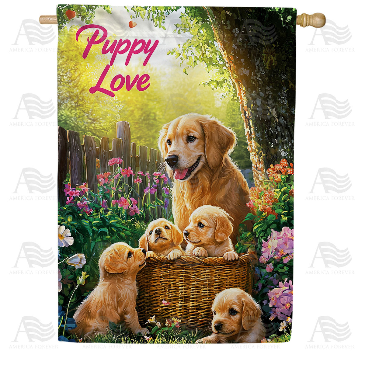 Puppy Love Basket Double Sided House Flag