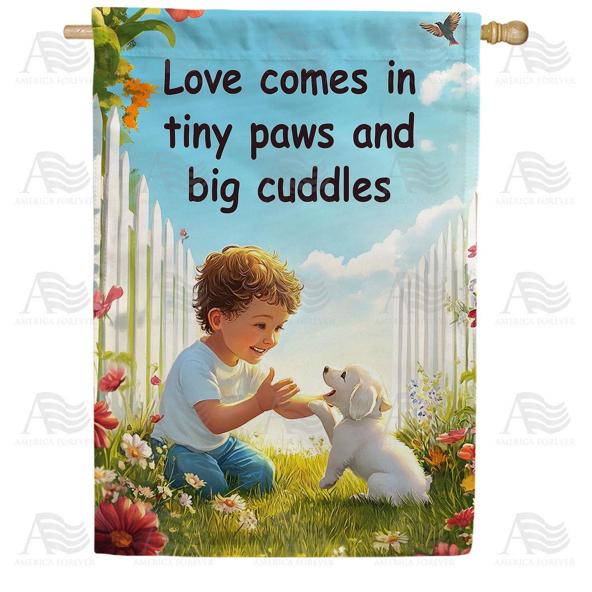 Love Tiny Paws Big Cuddles Picket Fence Double Sided House Flag