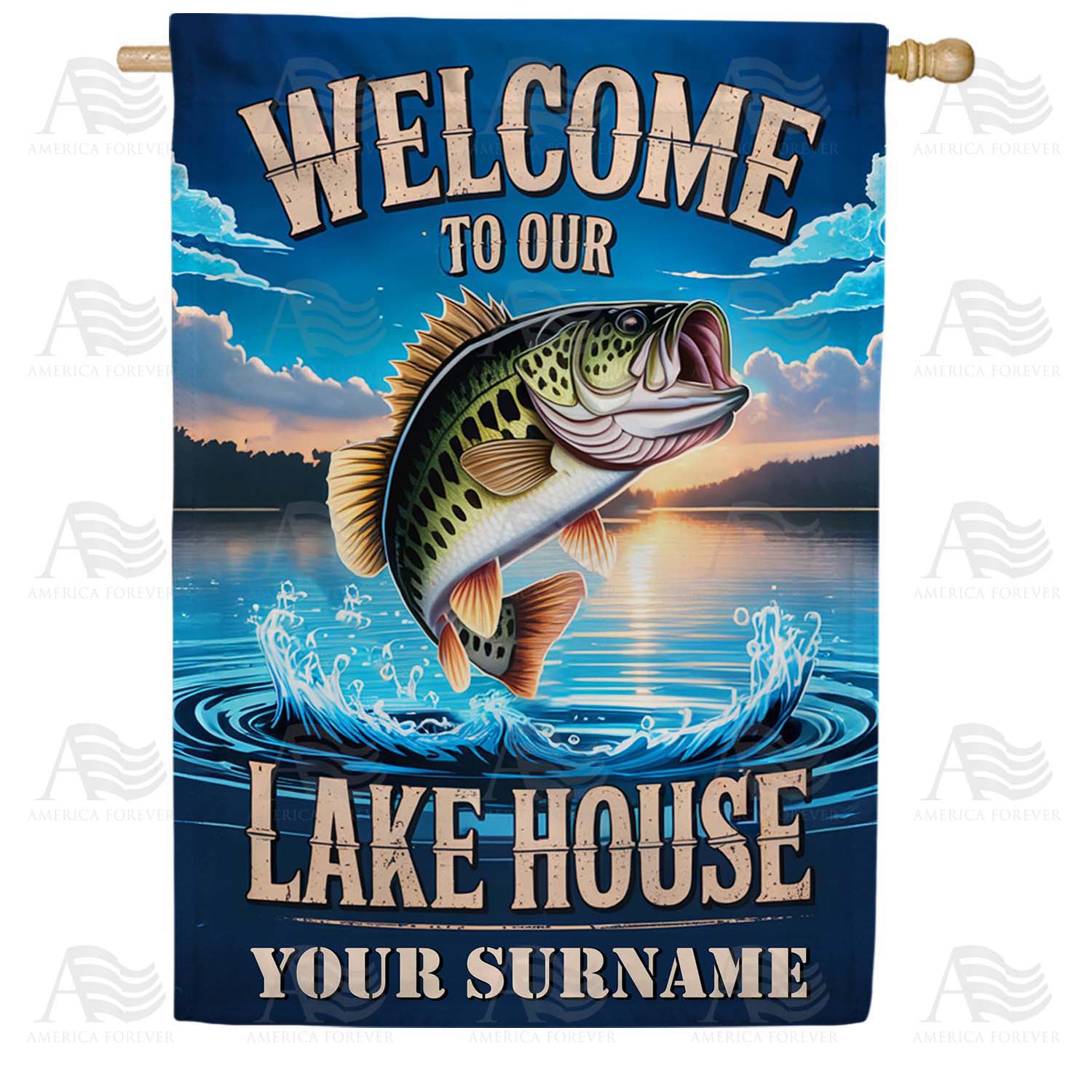 Welcome to Our Lake House Bass Personalized Double Sided House Flag
