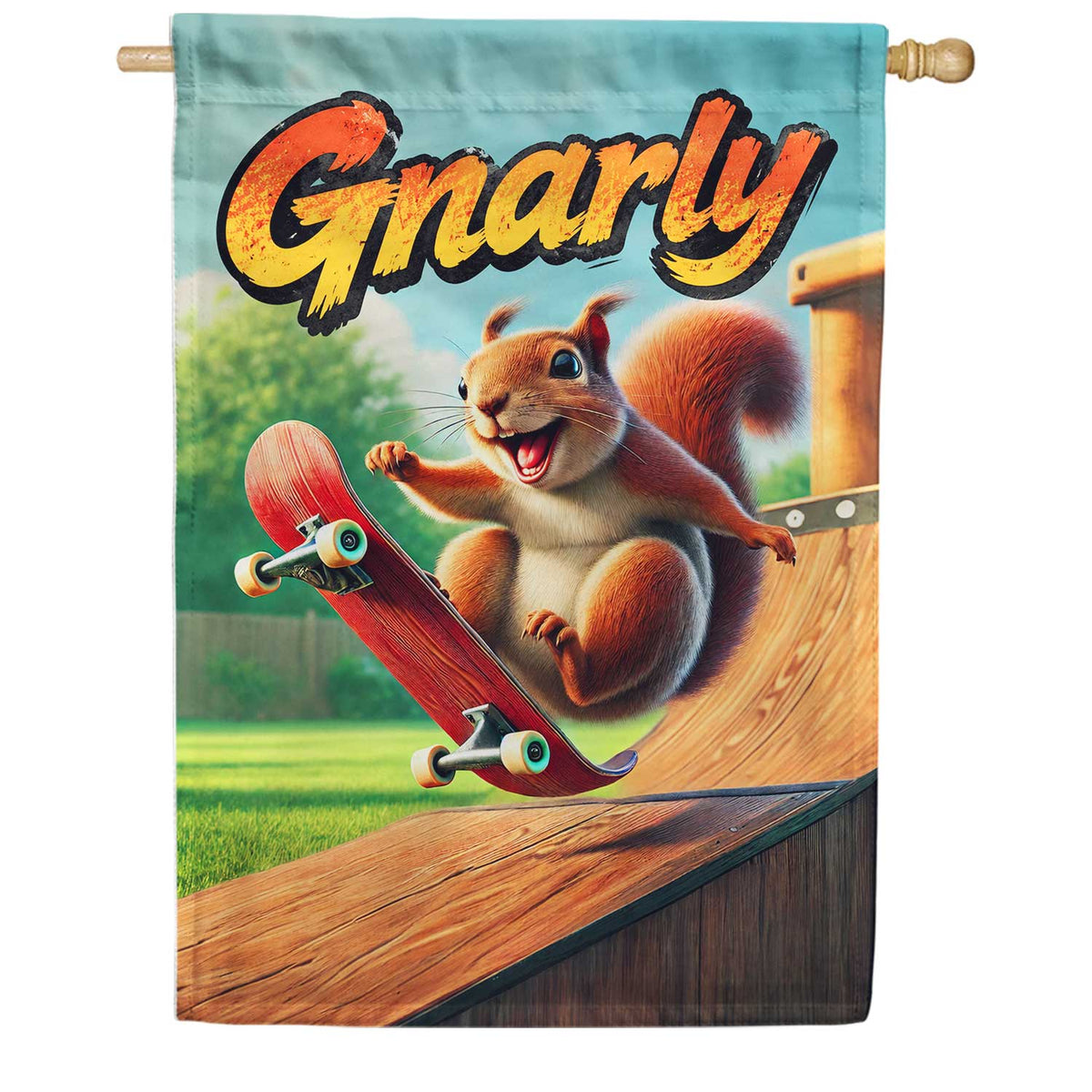 Gnarly Skateboarding Squirrel on Ramp House Flag