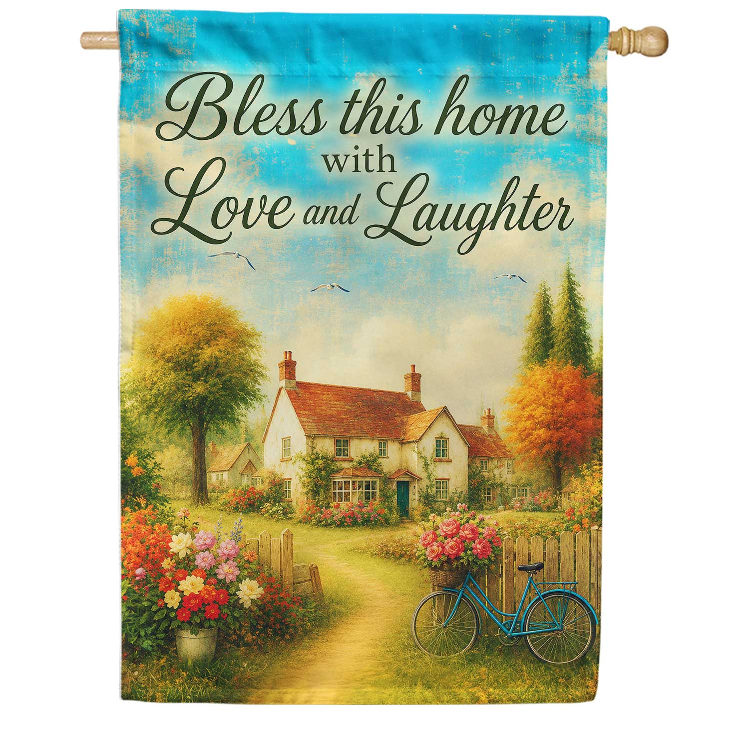 Bless This Home Love and Laughter Cottage House Flag