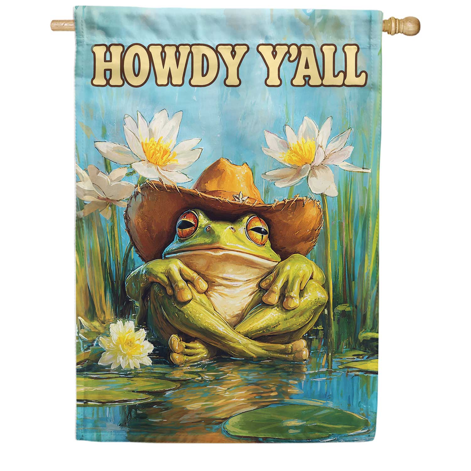 Howdy Y'all Cowboy Frog Lily Pond House Flag