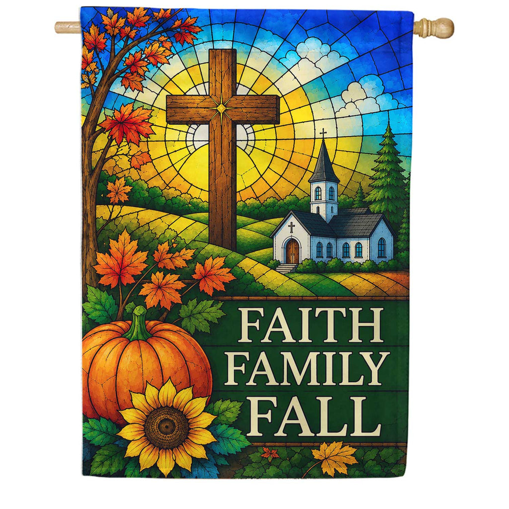 Faith Family Fall Stained Glass Cross House Flag