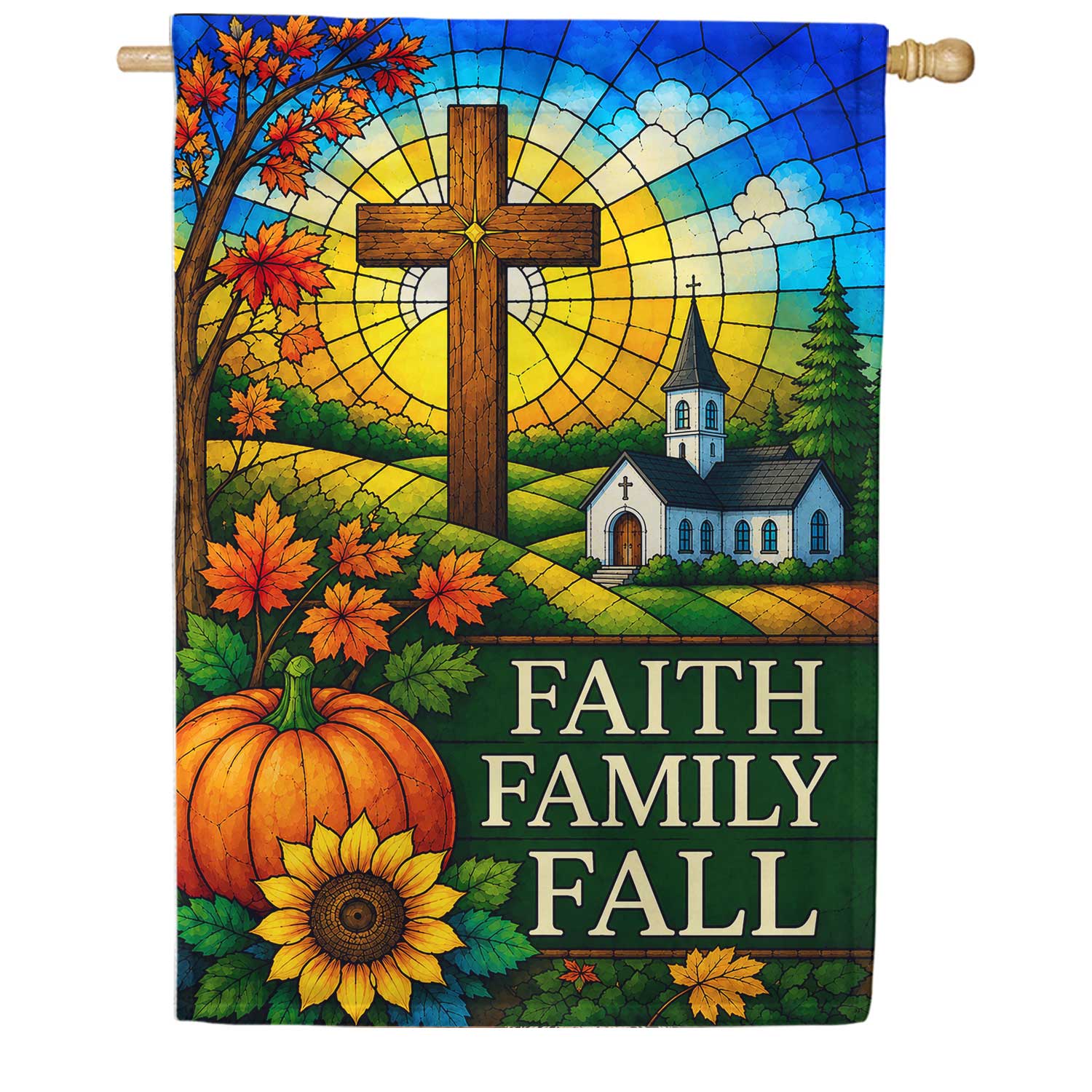 Faith Family Fall Stained Glass Cross House Flag
