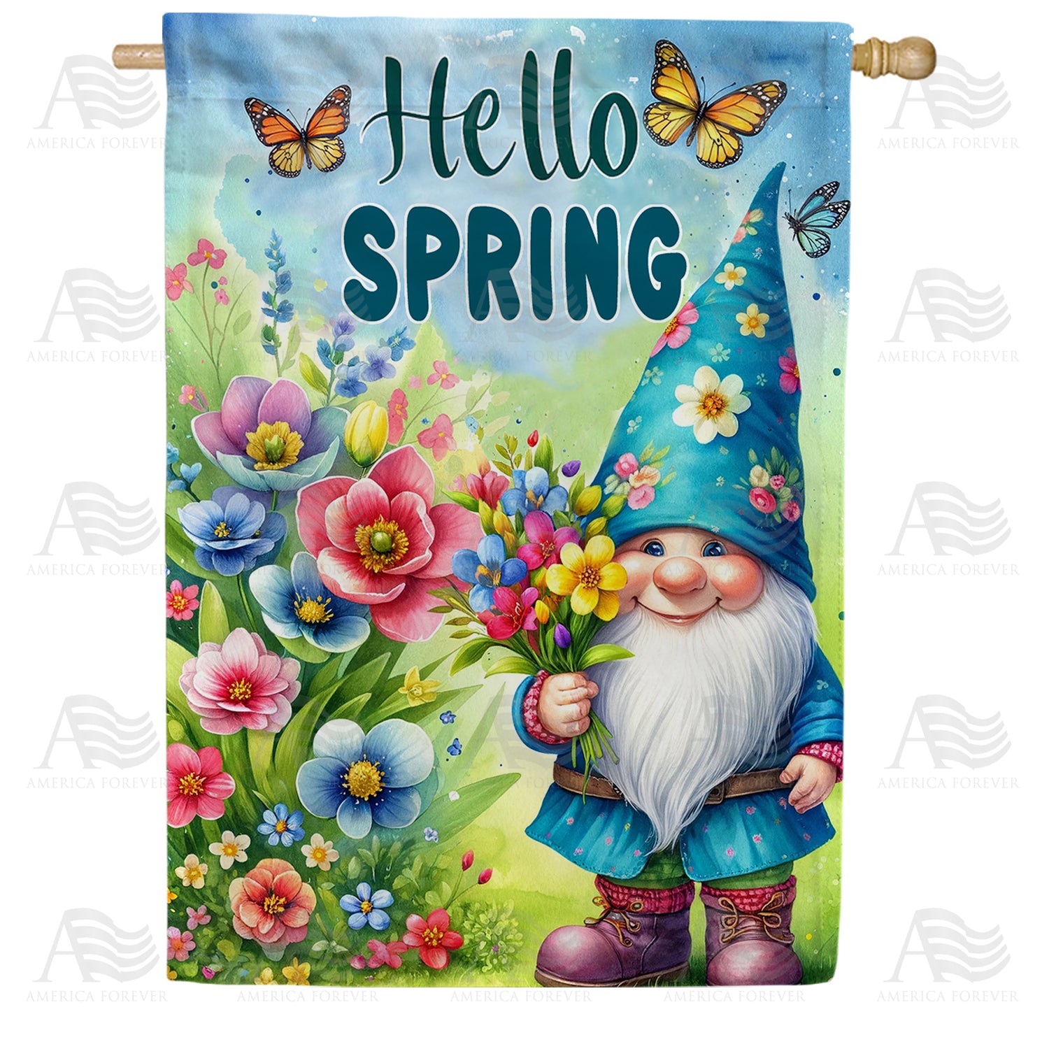 Cheerful Springtime Gnome Double Sided House Flag