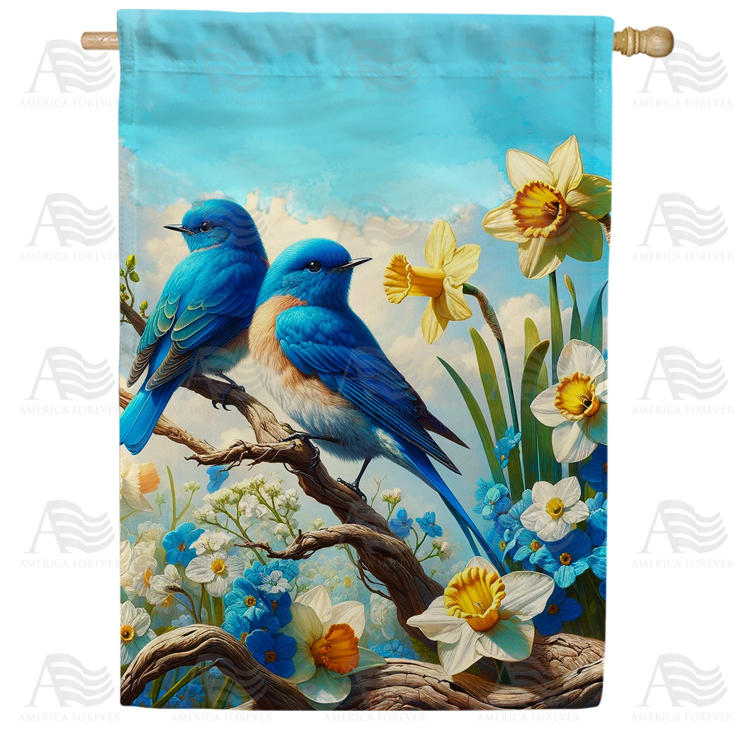 Bluebirds Daffodil Perch Double Sided House Flag
