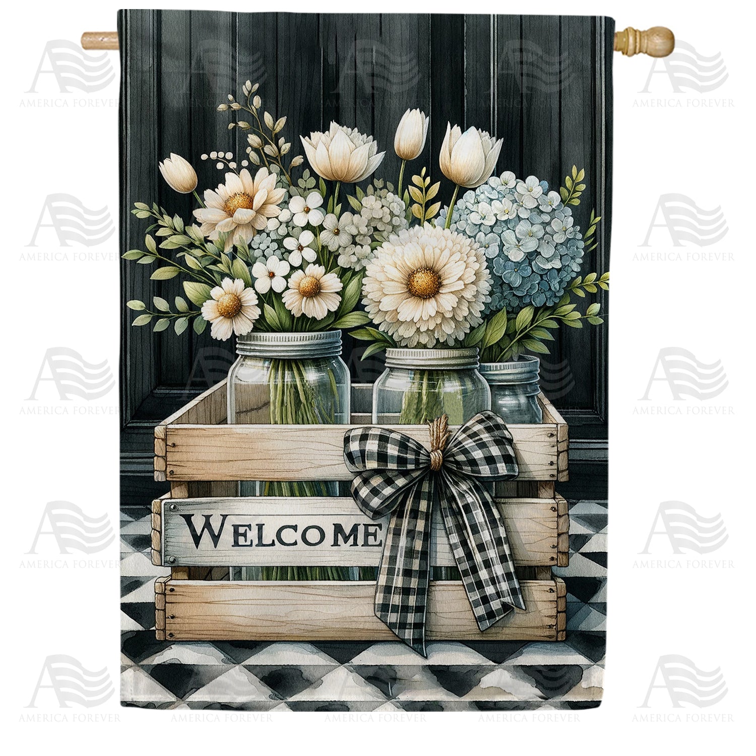 Monochrome Welcome Florals Double Sided House Flag