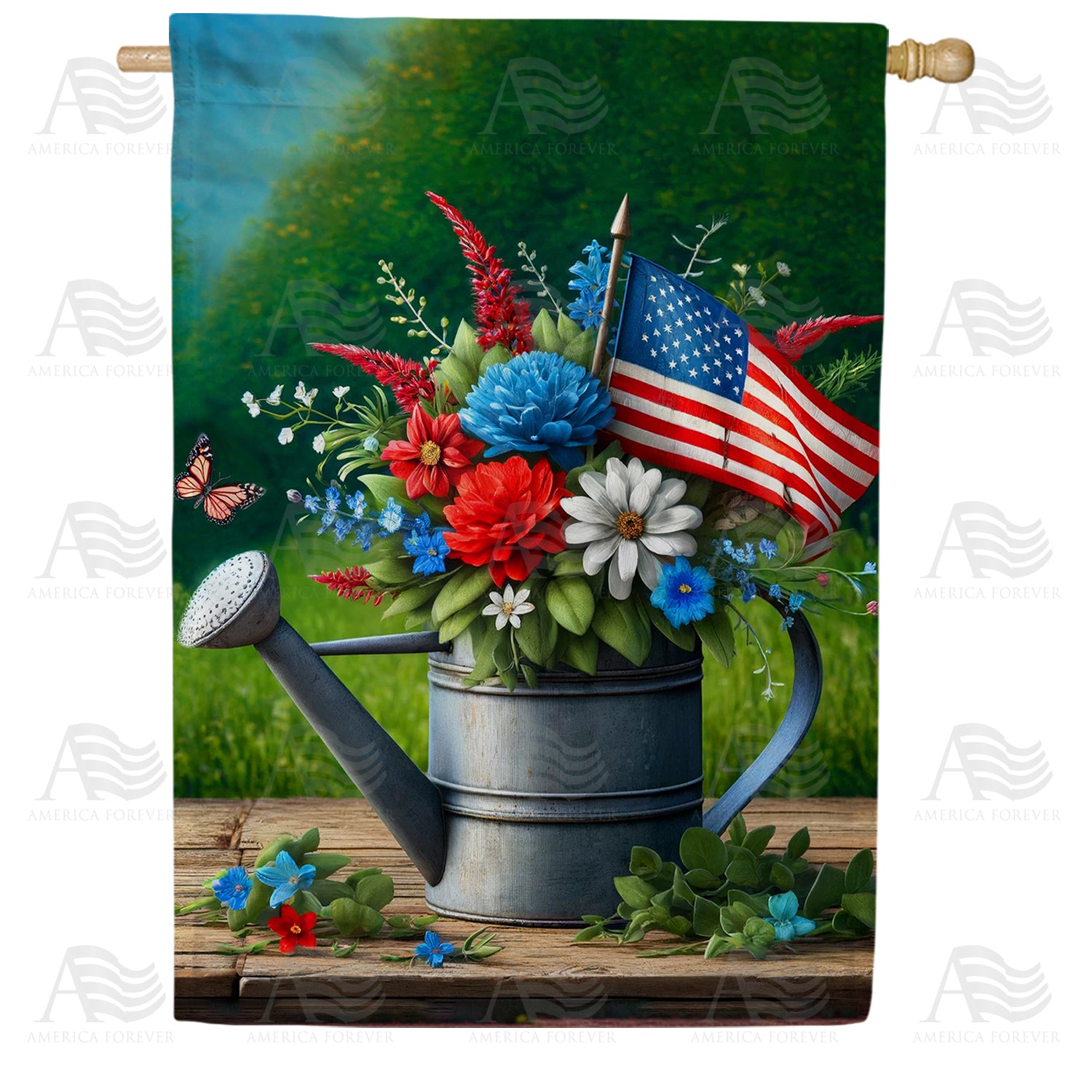 Patriotic Floral Watering Can Double Sided House Flag