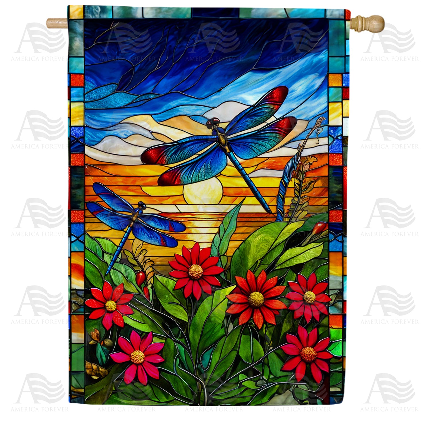Stained Glass Dragonflies Double Sided House Flag