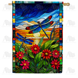 Stained Glass Dragonflies Double Sided House Flag
