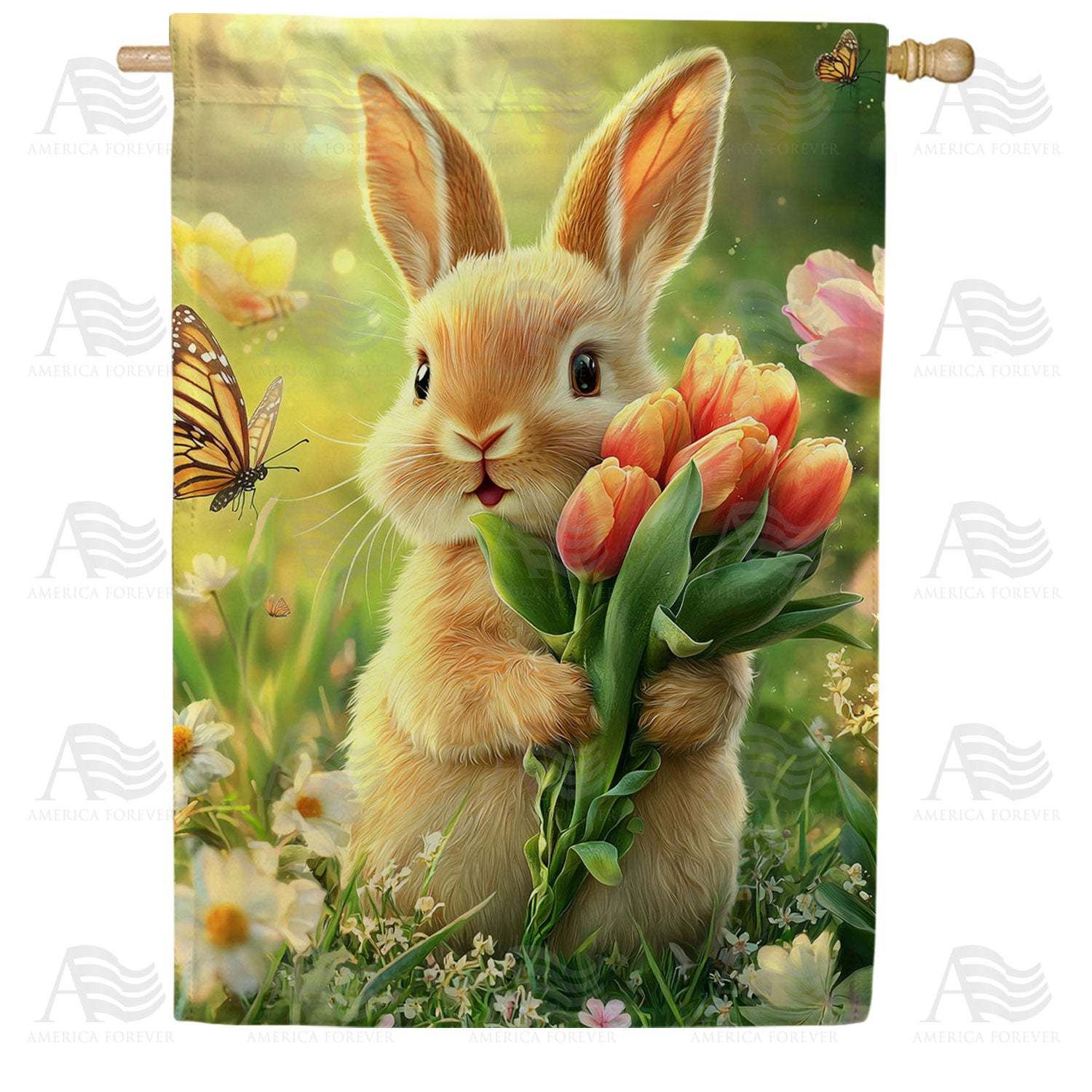 Spring Bunny Tulip Bouquet Double Sided House Flag